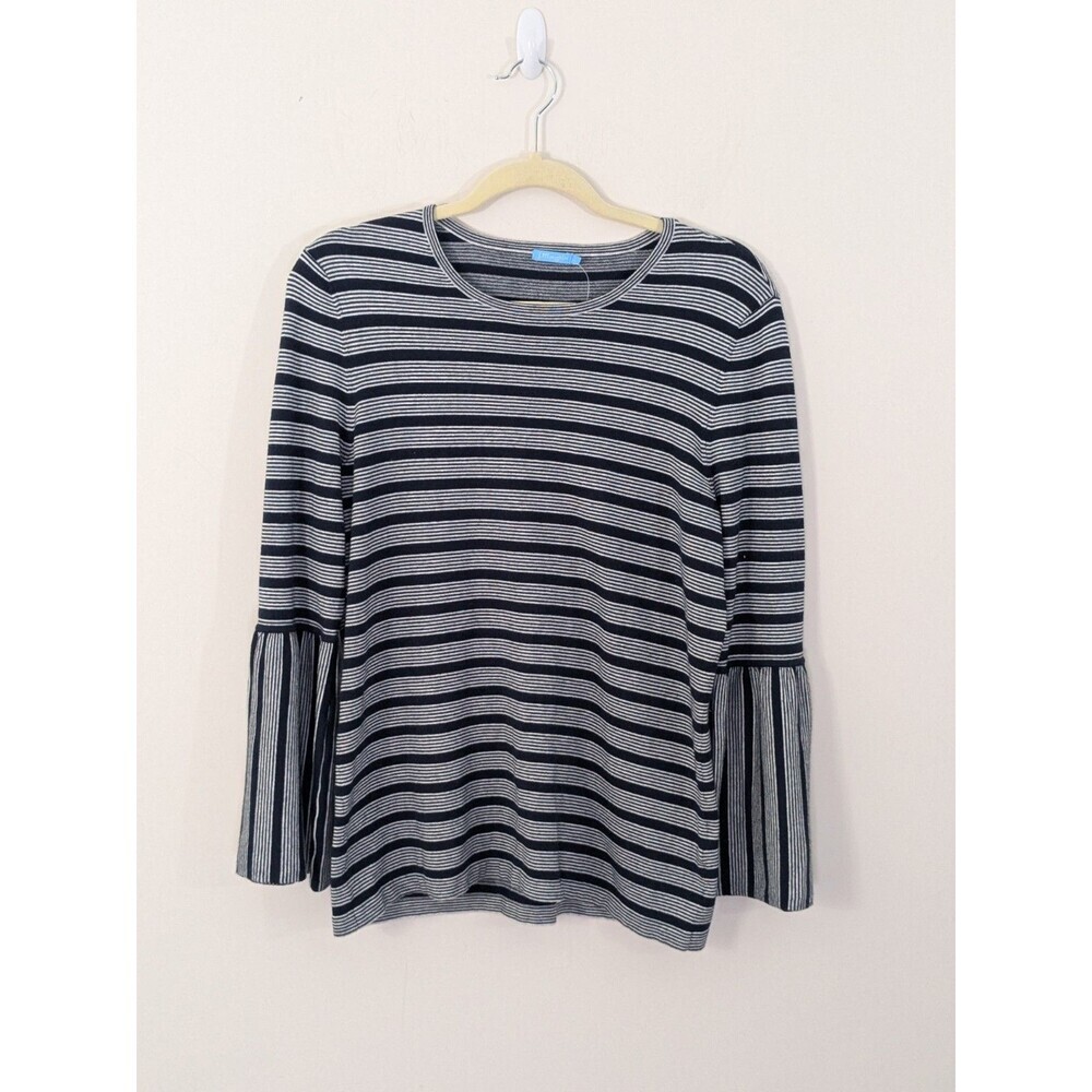 New J. McLaughlin Pullover Sweater Sz L Shirred Bell Sleeves Navy White Stripes